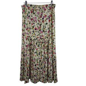 V Cristina | Half Button Front Slit Maxi Skirt Cream Floral Stretch Waist | Sz L